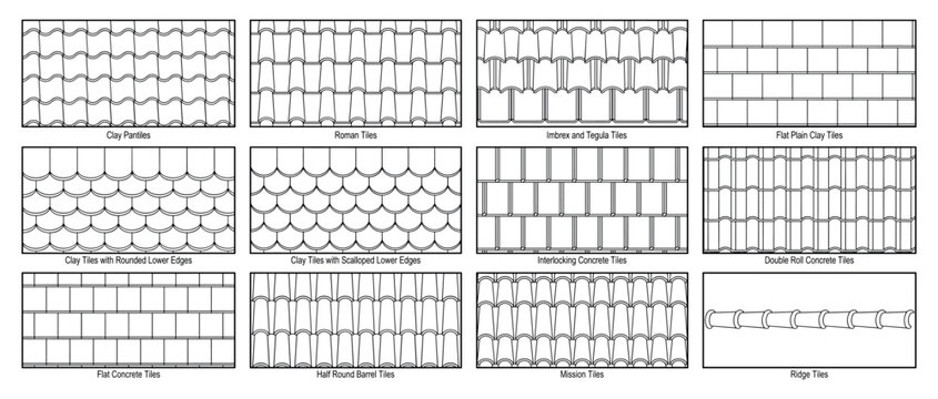 Seamless Roof Tile Hatch Pattern Set For Architectural Drawing. Shingle Scale Tile Paver And Block Paving Texture. CAD Elevation Drafting Swatch