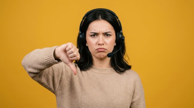 Disappointed customer service representative with headset giving a thumbs down gesture against a yellow background