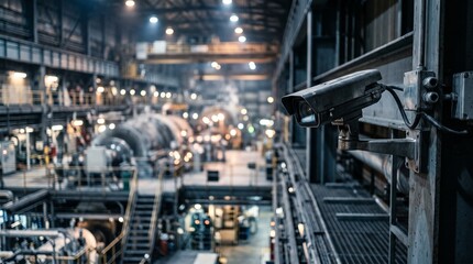 Fototapeta premium Bullet CCTV Camera in Power Plant Turbine Hall with Blurred Industrial Energy Background
