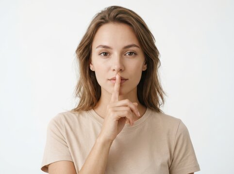 Young woman making a silence gesture with her finger on her lips isolated on white background