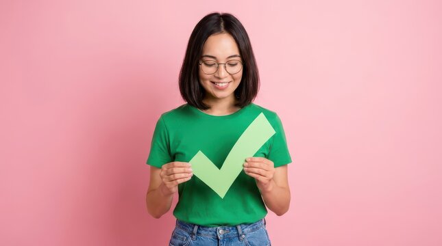 Smiling young woman holding a large green check mark sign