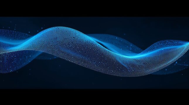 Blue wave of particles on dark background with glowing effect and dots