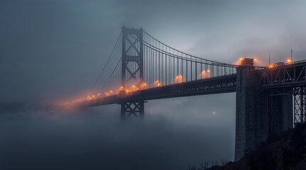 Naklejka premium Golden gate bridge shrouded in fog with orange streetlights on a dark evening