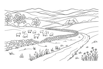 Obraz premium Herd of sheep grazing on green meadow pasture near stone wall country road