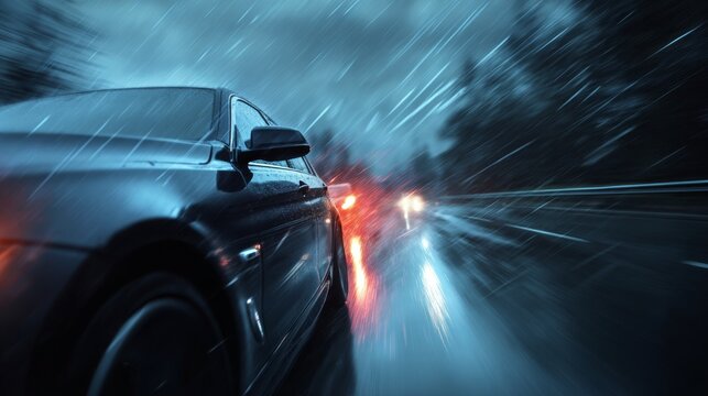 Car driving through heavy rain and stormy weather on a wet road, dramatic atmospheric scene with blurred motion, water reflections, dark clouds, moody road trip background and powerful natural weather