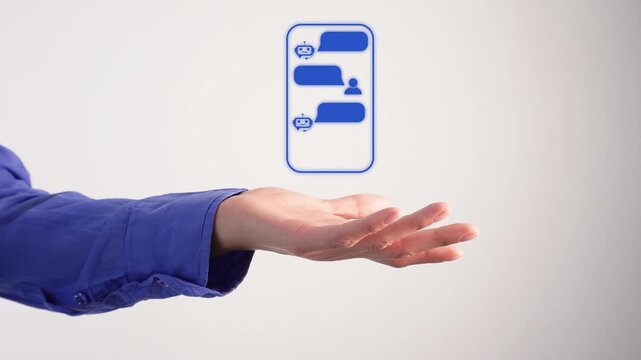 A hand displays a digital chat interface with a bot. Ideal for technology projects.