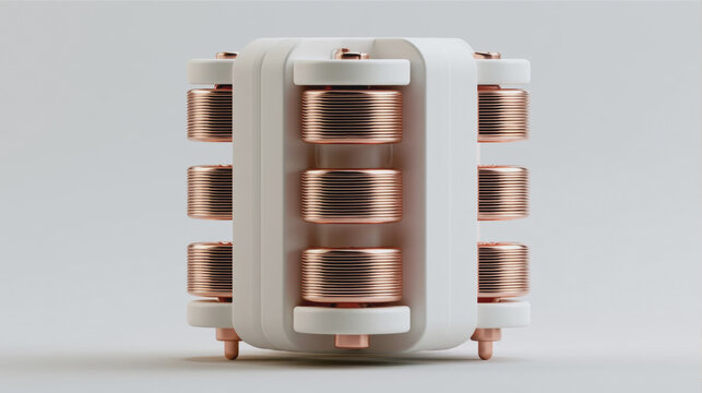 Electromagnetic copper wire coil inductor transformer component in minimalist studio background