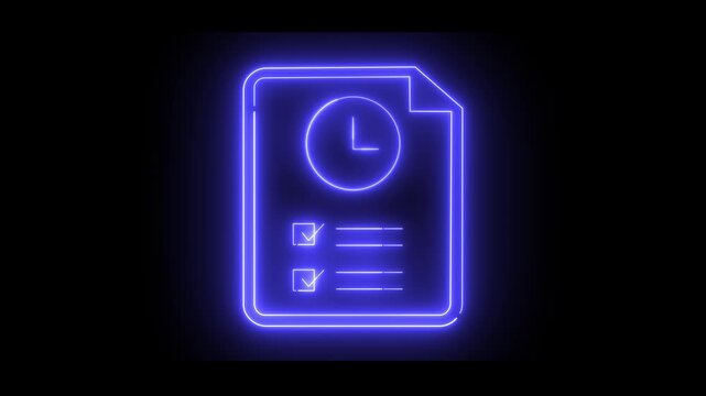 Blue neon document icon with clock and checklist. Perfect for time management, task tracking, or workflow concepts.