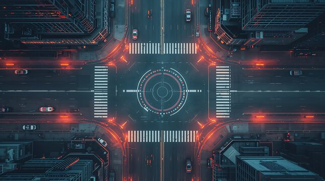 Aerial view of a futuristic city intersection with neon lights and a roundabout