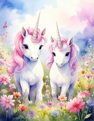Fototapeta premium Two white unicorns with pink manes stand among colorful flowers under a pastel sky, creating a whimsical and magical scene.