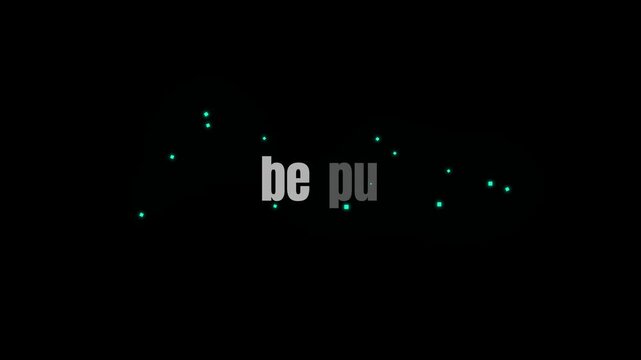 Floating particles drift across a dark background while the text be pu remains centered in this minimalist digital composition.