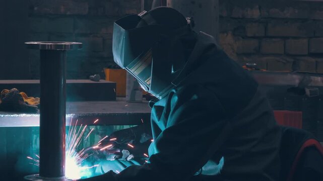 Welder in Protective Mask Welding Steel Pipe Flange | Sparks Flying During Metal Pipeline Fabrication in Factory | Industrial Welding Work with Bright Blue Light