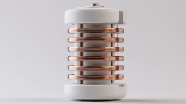 Futuristic battery concept with copper coil induction rings on a clean white background 3d rendering product design