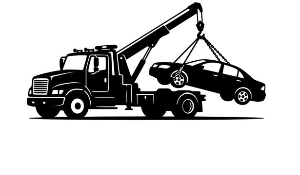 Black and white silhouette illustration of a heavy duty tow truck lifting a broken down sedan car