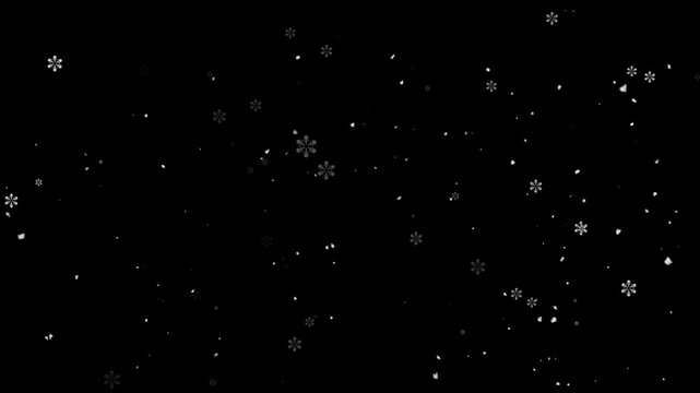 Snowflakes fall slowly against a solid black background creating a winter atmosphere with soft white crystalline shapes today.