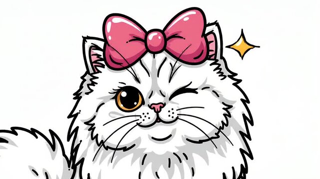 Cute cartoon white persian cat with pink bow, winking and sparkling, animation