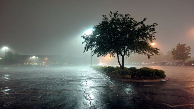 Heavy rain falling around a large tree in a parking lot, dramatic stormy weather with wet pavement, water reflections, dark cloudy sky, atmospheric natural landscape and powerful rainfall scene