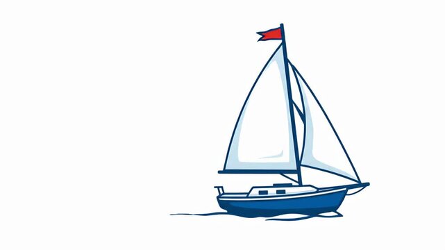 Simple animation of a blue sailboat with white sails and a red flag on a white background