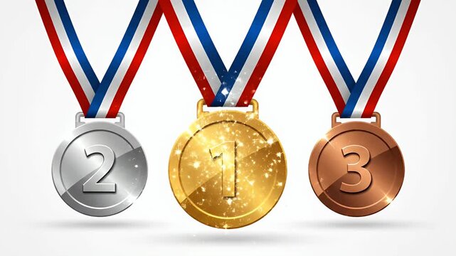 Gold silver bronze medals for 1st 2nd 3rd place on ribbons, award winner, sports achievement, champion, competition prize, success