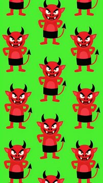 Seamless pixel art pattern motion graphic of mischievous red devils with horns and tails on a bright green background