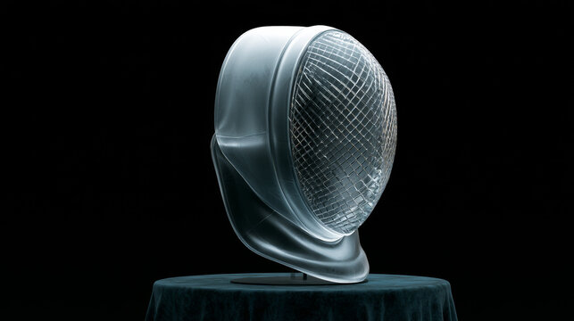 Futuristic glass fencing mask on a velvet covered table against a dark background, 3D render