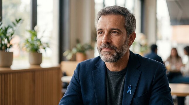 Retrato de homem grisalho com barba usando alfinete de la&ccedil;o azul no blazer, s&iacute;mbolo do Novembro Azul e da sa&uacute;de masculina