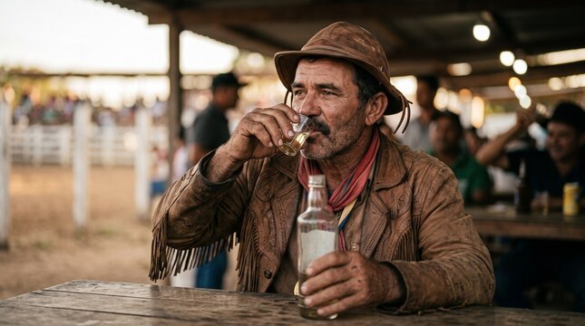 Vaqueiro nordestino com chap&eacute;u e gib&atilde;o de couro bebendo dose de cacha&ccedil;a em mesa de madeira, retrato aut&ecirc;ntico do sert&atilde;o em evento de vaquejada, cultura brasileira
