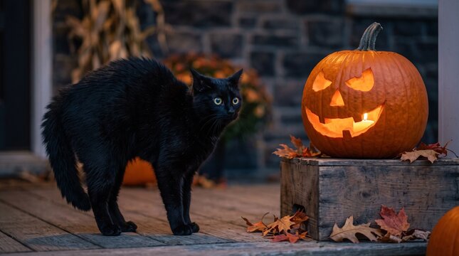 Spooky black cat with arched back standing next to a glowing carved Halloween jack-o-lantern on a rustic porch