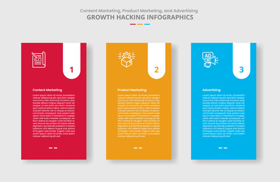 Growth hacking for infographic with drop shadow style with vertical box with round badge on top with 3 point list information