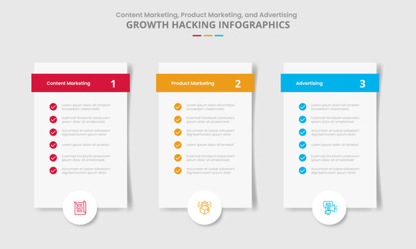 Growth hacking for infographic with drop shadow style with vertical box with checklist and circle badge bottom with 3 point list information