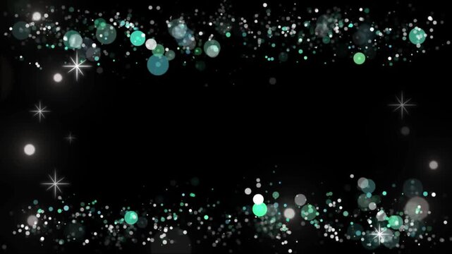Bokeh lights create a shimmering teal and white border against a deep black background for a festive digital presentation.