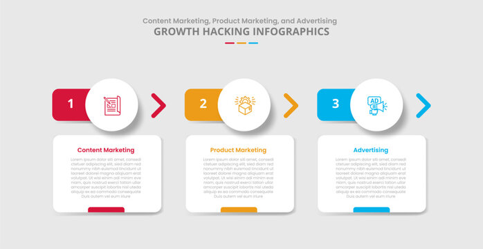 Growth hacking for infographic with drop shadow style with round box with circle header and arrow direction with 3 point list information