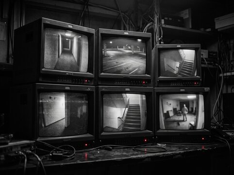 Multiple CCTV Surveillance Monitors Displaying Security Footage