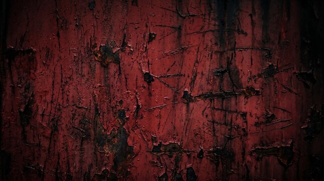 Close-up of weathered dark red painted surface with cracks and texture