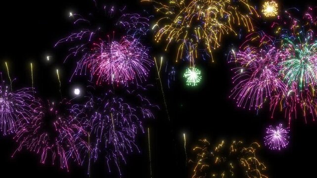 Fireworks illuminate the dark horizon with vibrant purple and gold patterns during an evening celebration of the new year.