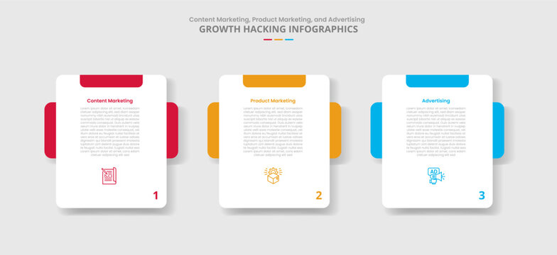 Growth hacking for infographic with drop shadow style with round box with creative header and box behind with 3 point list information