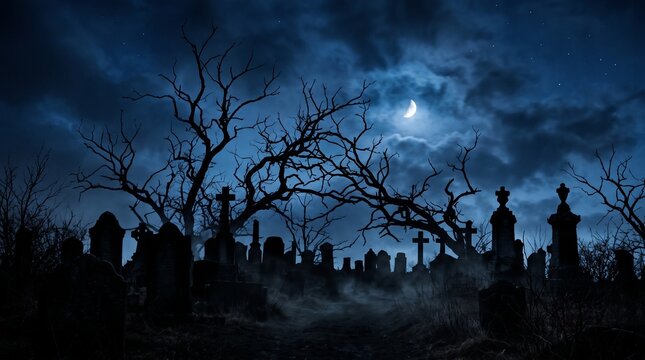 Silhouette of a spooky cemetery with moonlit sky and leafless trees