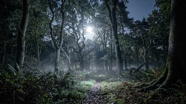 Moonlight Illuminating Forest at Night with Trees and Mist