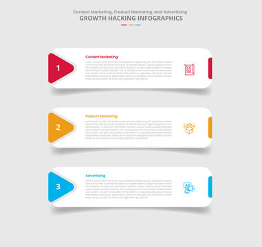 Growth hacking for infographic with drop shadow style with round rectangle box with arrow edge stacked list with 3 point list information
