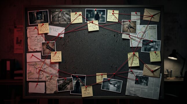 Crime evidence board with photos, notes, and red string connections in dark investigation room