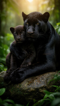 pantera negra, cachorro de pantera, felino, mam&iacute;fero, animal salvaje, vida silvestre, depredador, jungla, selva, naturaleza, bosque tropical, fauna, conservaci&oacute;n, maternidad, madre y cr&iacute;a, familia, pr