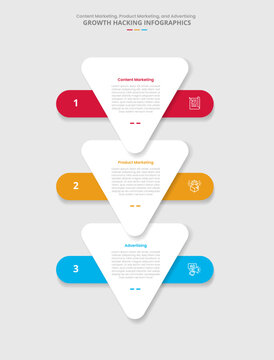 Growth hacking for infographic with drop shadow style with round triangle bottom direction with stacked list with 3 point list information