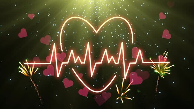 Heartbeat pulse line glows in neon orange over a background of floating red hearts to symbolize romantic affection.