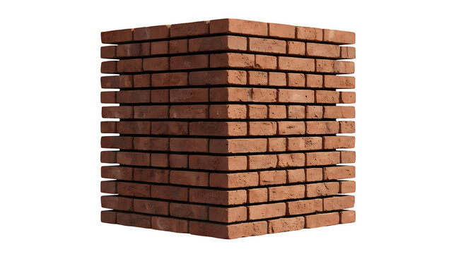 Cubic structure made of stacked red clay bricks forming an isometric architectural pattern against a white background with brick cube