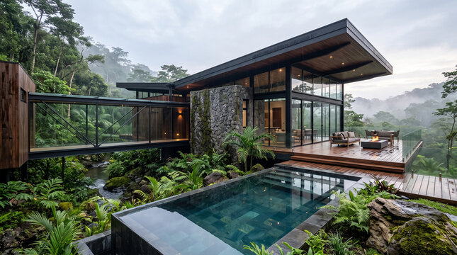 Modern luxury villa with pool and glass walls nestled in a tropical rainforest jungle landscape at dawn
