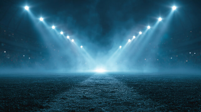 Stadium floodlights shining blue beams onto empty dark sports field grass.