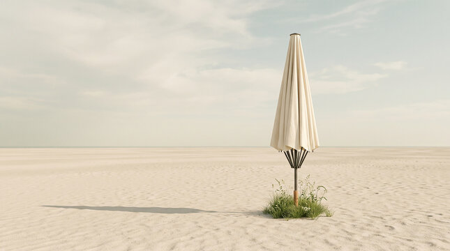 Oversized Umbrella Growing Grass in Surreal Minimal Landscape