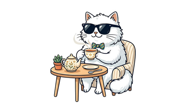 Cute white cat wearing sunglasses and a bow tie sitting at a wooden cafe table drinking tea with funny animal stylish pet cat illustration animal character