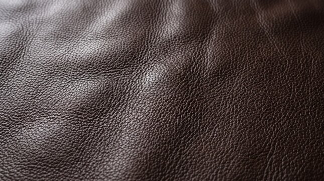 Close up macro shot of rich dark brown genuine leather texture with subtle wrinkles and a soft sheen
