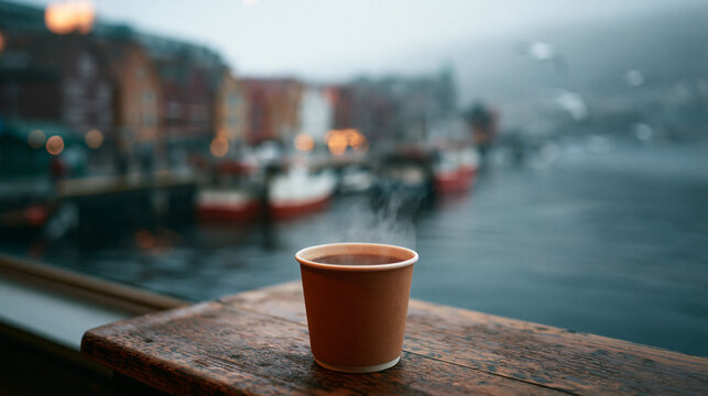 Steaming hot coffee in paper cup on wooden table with blurred city harbor background.